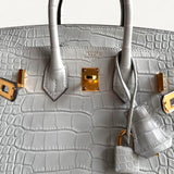 Bolsa Hermès Birkin 25 Matte Alligator Mississippi Gris Neve com Ferragens Gold