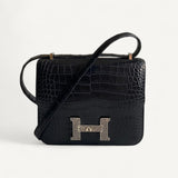 Bolsa Hermès Constance 18 Alligator Matte Noir com Ferragens Palladium/Lizzard