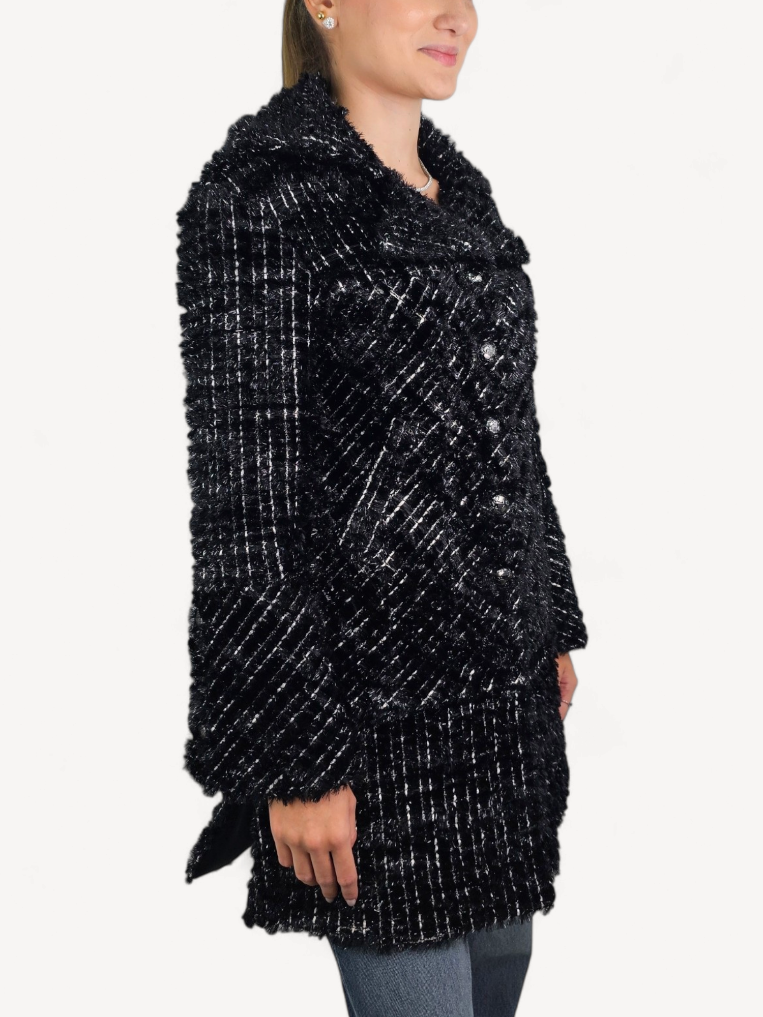 Casaco Chanel Tweed Preto Fios Prateados – Front Row