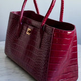 Bolsa Chanel Tote Calfskin Crocodile Embossed Burgundy