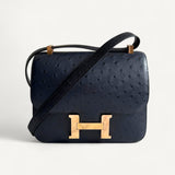 Bolsa Hermès Constance 24 Ostrich Bleu Caban com Ferragens Rosê Gold