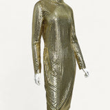 Vestido Burberry Midi Manga Longa de Metal Dourada