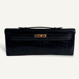 Bolsa Hermès Kelly Cut Croco Porosus Shiny Bleu Nuit com Ferragens Gold