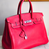 Bolsa Hermès Birkin 35 Togo Clemence Rouge Casaque com Ferragens Palladium