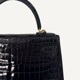 Bolsa Hermès Kelly 28 Croco Shiny Noir com Ferragens Gold