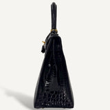 Bolsa Hermès Kelly 28 Croco Shiny Noir com Ferragens Gold