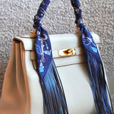 Twilly Hermès Em seda Les Cles A Pois Com Franjas de Couro Bleu Marine/Gris Argent