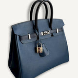 Bolsa Hermès Birkin 25 Epsom Blue de Plus, Indigo e Preto com Ferragens Palladium