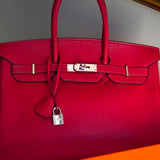Bolsa Hermès Birkin 35 Togo Clemence Rouge Casaque com Ferragens Palladium