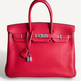 Bolsa Hermès Birkin 35 Togo Clemence Rouge Casaque com Ferragens Palladium