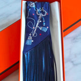 Twilly Hermès Em seda Les Cles A Pois Com Franjas de Couro Bleu Marine/Gris Argent