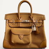 Bolsa Hermès Birkin 25 Cargo Desert/Sesame Toile Goeland com Ferragens Palladium