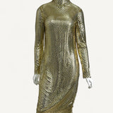 Vestido Burberry Midi Manga Longa de Metal Dourada