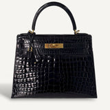 Bolsa Hermès Kelly 28 Croco Shiny Noir com Ferragens Gold