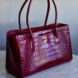 Bolsa Chanel Tote Calfskin Crocodile Embossed Burgundy