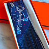Twilly Hermès Em seda Les Cles A Pois Com Franjas de Couro Bleu Marine/Gris Argent