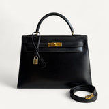 Bolsa Hermès Kelly 32 Calf Box Noir Vintage com Ferragens Gold