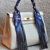 Twilly Hermès Em seda Les Cles A Pois Com Franjas de Couro Bleu Marine/Gris Argent