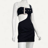 Vestido Área Curto Preto com Ferragem Prata e Strass - M