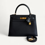 Bolsa Hermès Kelly 28 Epsom Noir com Ferragens Gold