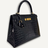 Bolsa Hermès Kelly 28 Croco Shiny Noir com Ferragens Gold