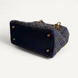 Bolsa Dior Lady Dior Medium Denim Cannage Studded Supple Navy Blue