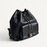 Mochila Chanel Croco Embossed Backpack Preta