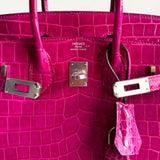 Bolsa Hermès Birkin 25 Rose Scheherazade Croco Niloticus Shiny com Ferragens Palladium