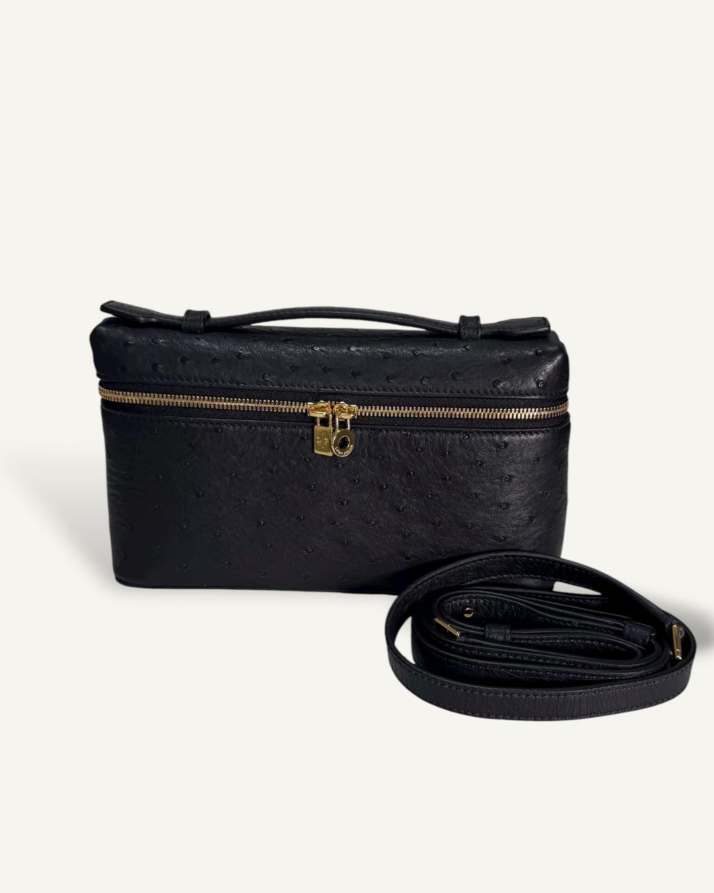Bolsa Loro Piana Extra Pocket L19 Ostrich Black com Ferragens