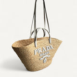 Bolsa Prada Tote Grande em Ráfia e Couro