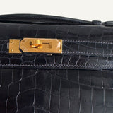 Bolsa Hermès Kelly Cut Croco Porosus Shiny Bleu Nuit com Ferragens Gold