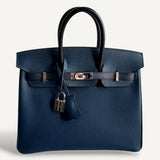 Bolsa Hermès Birkin 25 Epsom Blue de Plus, Indigo e Preto com Ferragens Palladium