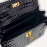 Bolsa Hermès Kelly 28 Croco Shiny Noir com Ferragens Gold