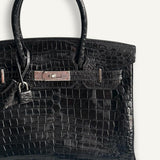 Bolsa Hermès Birkin 30 Croco Porosus Shiny Noir com Ferragens Palladium