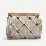 Bolsa Valentino Roman Stud Knit em Tricô Of-White com Ferragens Douradas