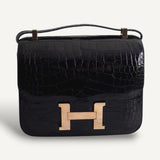 Bolsa Hermès Constance 24 Shiny Alligator Noir com Ferragens Gold