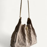 Bolsa Chanel 25 Large Suede Bege com Ferragens Douradas