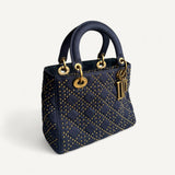 Bolsa Dior Lady Dior Medium Denim Cannage Studded Supple Navy Blue