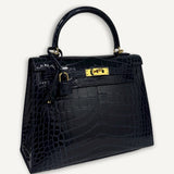 Bolsa Hermès Kelly 25 Sellier Croco Shiny Bleu Indigo com Ferragens Gold