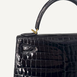 Bolsa Hermès Kelly 28 Croco Shiny Noir com Ferragens Gold