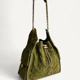 Bolsa Chanel 25 Medium Suede Verde com Ferragens Douradas