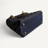 Bolsa Dior Lady Dior Medium Denim Cannage Studded Supple Navy Blue