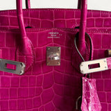 Bolsa Hermès Birkin 25 Croco Shiny Rose Scheherazade  com Ferragens Palladium