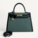 Bolsa Hermés Kelly 28 Toile Quadrille Vert com Ferragens Palladium