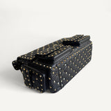 Bolsa Valentino Black Leather Rockstud Spike Top Handle com Ferragens Douradas