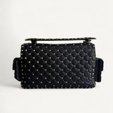 Bolsa Valentino Black Leather Rockstud Spike Top Handle com Ferragens Douradas