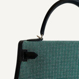 Bolsa Hermés Kelly 28 Toile Quadrille Vert com Ferragens Palladium