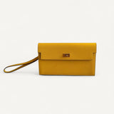 Carteira Hermes Kelly Pocket Long Wallet Yellow Mysore com Ferragens Gold