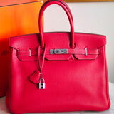 Bolsa Hermès Birkin 35 Togo Clemence Rouge Casaque com Ferragens Palladium
