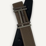 Cinto Hermès H  au Carré Reversible Etoupe/Noir com Ferragens Palladium